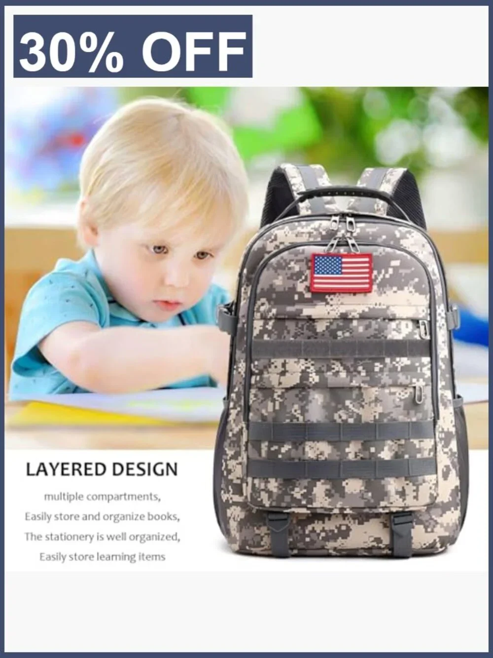 Kids School Backpack with USB Charging Port, Camo Print, 3 Compartments,